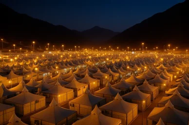 منظر ليلي لمدينة الخيام الواسعة في منى خلال موسم الحج