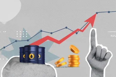 أسعار النفط (Oil Prices): رسم بياني يوضح ارتفاع أسعار النفط مع براميل زرقاء وعملات ذهبية.