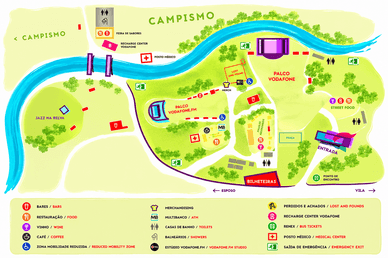 Mapa oficial do recinto com palcos, zonas de campismo e serviços