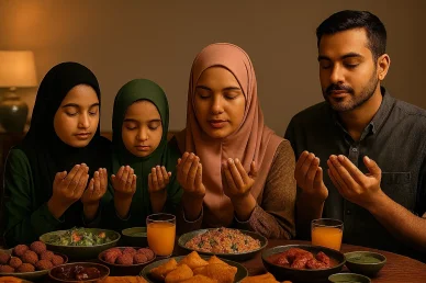 عائلة مسلمة تدعو قبل الإفطار في رمضان