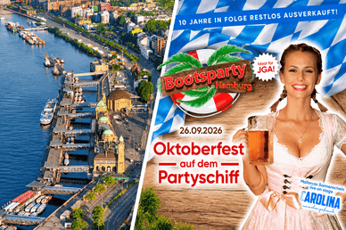 Landungsbrücken Hamburg und Plakat zum Oktoberfest auf dem Partyschiff
