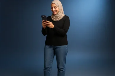 امرأة محجبة تستخدم هاتفها الذكي بابتسامة امرأة عربية شابة ترتدي الحجاب وملابس كاجوال، تقف مبتسمة أثناء استخدام هاتفها الذكي على خلفية زرقاء داكنة.