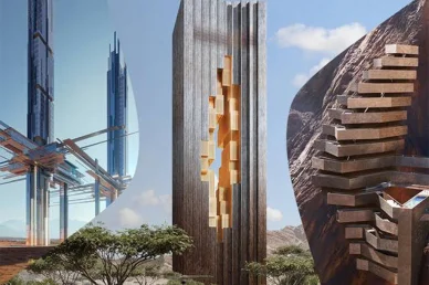 مشاريع نيوم المستقبلية: تصاميم معمارية رائدة تدمج بين الابتكار والطبيعة صورة مجمعة لثلاثة تصميمات معمارية مستقبلية في نيوم تشمل أبراجاً زجاجية، ومبنى عمودياً بتجويف مضيء، وهياكل متدرجة داخل جبل صخري