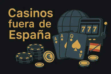Casinos fuera de España - Ilustración vectorial con un globo terráqueo, una máquina tragaperras, cartas, fichas, monedas