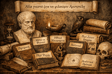 Βιβλία και προτομή του Αριστοτέλη
