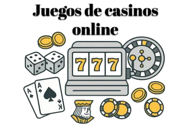 Juegos de casino online en estilo flat: tragaperras 777, ruleta, dados, cartas As y Rey, fichas y monedas doradas sobre fondo transparente