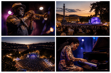 Jazz Open Stuttgart: ein Trompeter auf der Bühne, ein Konzert auf dem Schlossplatz bei Sonnenuntergang, ein Panorama des Festivals bei Nacht aus der Vogelperspektive und eine Pianistin am Flügel im blauen Licht