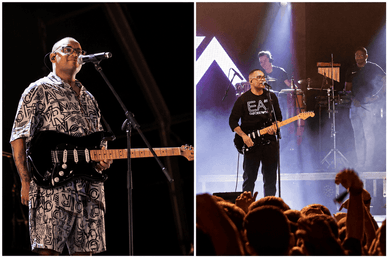 Badoxa no palco com uma guitarra Fender durante um concerto ao vivo em Portugal