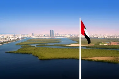 علم الإمارات يرفرف على سارية عالية أمام مشهد بانورامي لمدينة خليجية، تظهر فيه غابات القرم والمياه والمباني والجبال.