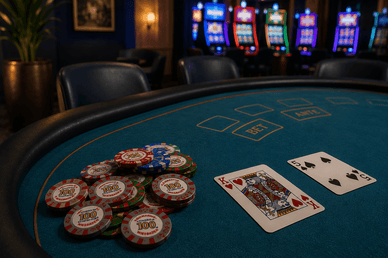 Pokertisch mit Casino-Chips in der Spielbank Wiesbaden