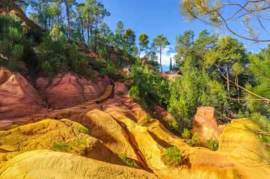Vue panoramique sur les teintes naturelles du Sentier des Ocres. Paysage coloré du Sentier des Ocres avec collines jaunes et rouges à Roussillon.