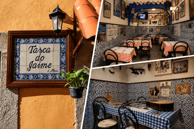 Placa de azulejos e interior da Tasca do Jaime