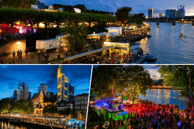 Drei Nachtansichten des Museumsuferfestes in Frankfurt: das beleuchtete Mainufer mit Booten, die nächtliche Skyline mit Kirche und Türmen sowie eine farbenfrohe Tanzfläche mit der brasilianischen Flagge