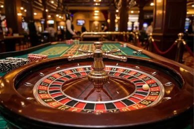 لعبة الروليت الكلاسيكية: جرب حظك وعش أجواء الكازينو الحقيقية كازينو (Casino): عجلة روليت خشبية كلاسيكية في صالة ألعاب فاخرة.