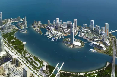 أفق خليج البحرين الحديث وناطحات السحاب مشهد جوي لخليج البحرين في المنامة يضم ناطحات سحاب حديثة وبرجاً مركزياً وسط المياه الزرقاء والمساحات الخضراء.