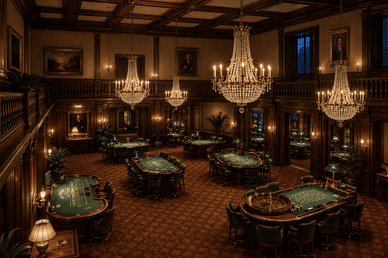 Spielbank Wiesbaden Casino mit klassischen Spieltischen und Kronleuchtern
