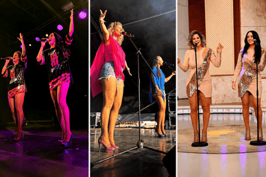 Colagem de Paula Santos e Rita Almeida a atuar em palco com diferentes trajes de espetáculo