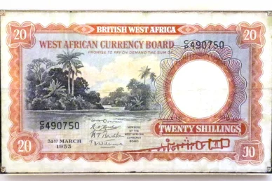 Банкнота 20 шиллингов Британской Западной Африки (1953) Западноафриканский фунт