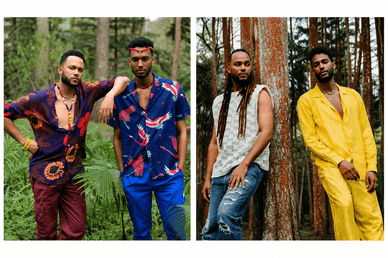 Duas fotos dos irmãos Calema na floresta: com camisas africanas coloridas e adornadas e junto a uma árvore, com uma camisola branca e um fato amarelo