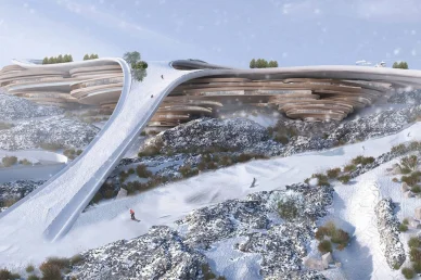 تروجينا في نيوم: الوجهة المستقبلية للرياضات الشتوية والسياحة الجبلية تصميم معماري لمنتجع تزلج مستقبلي مدمج في جبال مغطاة بالثلوج مع مسار تزلج خارجي كبير ومتزلجين