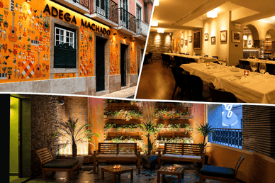 Fachada azulejada e sala de jantar da Adega Machado