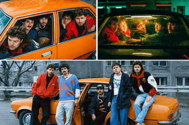 Von Wegen Lisbeth posieren im Retro-Look an und in einem orangefarbenen Auto