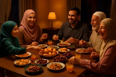 عائلة مسلمة سعيدة على مائدة إفطار خلال احتفال رمضان