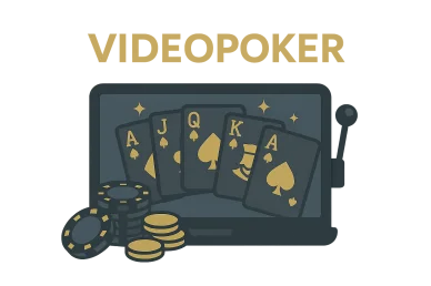 Videopóquer: ilustración vectorial con una máquina tragaperras, cartas de escalera real y fichas de póquer sobre fondo transparente