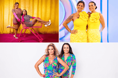 Colagem com Paula Santos e Rita Almeida em diferentes trajes de palco vibrantes das Bombocas