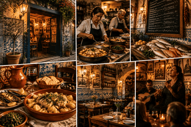 Cozinheiros preparam pratos tradicionais numa tasca lisboeta