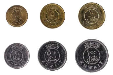مجموعة عملات معدنية كويتية (الفلس) بفئاتها الست: 1، 5، 10، 20، 50، و100 فلس، معروضة بوضوح على خلفية بيضاء.