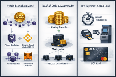 Κολάζ τριών ενοτήτων για το UCA Coin