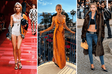 Caro Daur bei Dolce & Gabbana Runway, in orangem Paillettenkleid in Cannes und im Pelzmantel-Street-Look