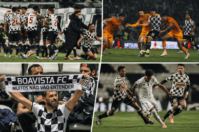 Jogadores do Boavista em campo e adepto com cachecol