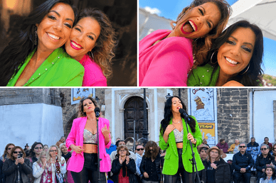 Paula Santos e Rita Almeida a cantar ao vivo perante o público numa festa popular em Portugal