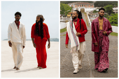 Duas fotos dos irmãos Calema na ilha de São Tomé: caminhando descalços pela praia de areia branca com trajes de linho e pela rua de calçada da cidade colonial com looks em tons de vermelho e bordô