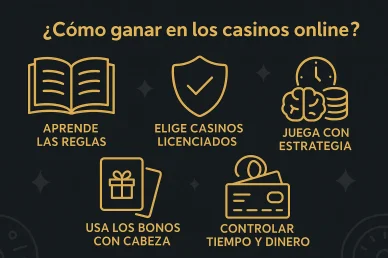 Infografía con consejos: aprende las reglas, elige casinos con licencia, juega con estrategia, aprovecha los bonos, controla el tiempo y el dinero