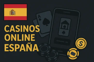 Casinos online España: ilustración con la bandera de España, un smartphone, naipes, fichas y monedas