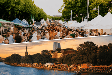 Zwei Eindrücke vom Museumsuferfest: dichte Besucherströme zwischen den weißen Zelten entlang der Allee und das goldene Abendpanorama der Uferpromenade mit der EZB am Horizont