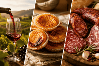Copo de vinho tinto com vinhedos ao fundo, queijadas portuguesas e tábua de enchidos e produtos de carne da região da Beira-Alta