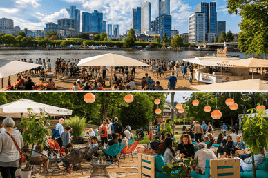 Zwei Eindrücke vom Museumsuferfest am Tag: Menschenmengen am Sandstrand des Mains mit der Frankfurter Skyline und eine gemütliche Ruhezone mit orangefarbenen Laternen und Korbsesseln