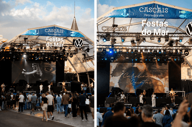 Palco Cascais das Festas do Mar 2026 com o nome de Carolina Quintas no ecrã gigante durante a noite de abertura