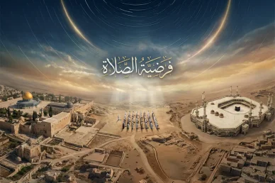 فرضية الصلاة: تصميم إسلامي يجمع بين مكة والقدس فرضية الصلاة: لوحة فنية للمسجد الأقصى والمسجد الحرام والمصلين.