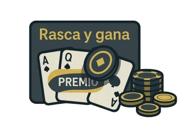 Tarjeta de lotería rasca y gana con zona dorada para rascar, moneda, inscripción «Premio», fichas y monedas sobre fondo transparente