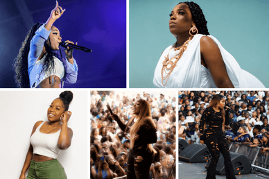 Colagem de fotos de Soraia Ramos durante uma atuação com microfone, com um look branco e no palco perante uma grande multidão