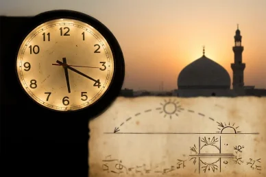 مواقيت الصلاة: ارتباط الزمن بحركة الشمس في الإسلام صورة مجمعة تضم ساعة عقارب كلاسيكية، وصورة ظلية لمسجد وقت الشروق أو الغروب، مع مخطوطة قديمة توضح رسمًا لمسار حركة الشمس