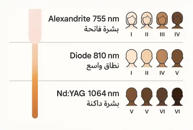 مخطط يوضح أنواع تقنيات الليزر المختلفة ومدى ملاءمتها لألوان البشرة عند إزالة الشعر بالليزر للمنطقه الحساسة.