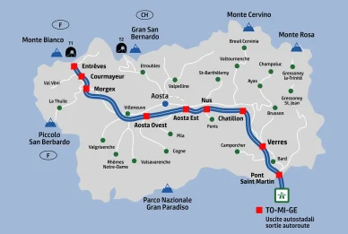 Autostrada A5 Torino – Aosta – Monte Bianco sulla mappa della regione Valle d'Aosta mappa
