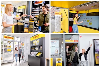 Ein Kassierer übergibt einen Lottoschein, eine Frau an einem Lotto-Terminal auf der Straße, ein Paar betritt eine Verkaufsstelle, zwei Personen verlassen freudig einen Lotto-Laden