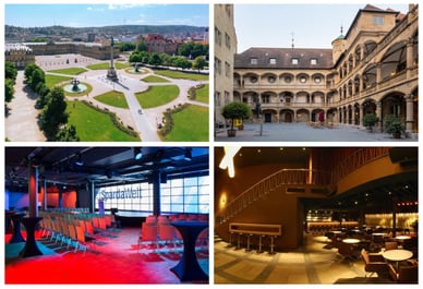 Collage der vier Veranstaltungsorte des Jazz Open Stuttgart: Blick von oben auf den Schlossplatz mit den Springbrunnen und der Jubiläumssäule, der Arkadenhof des Alten Schlosses im Renaissancestil, der Saal des SpardaWelt Eventcenters mit rotem Boden und LED-Bildschirm sowie das Interieur des Jazzclubs BIX mit warmer, goldfarbener Beleuchtung